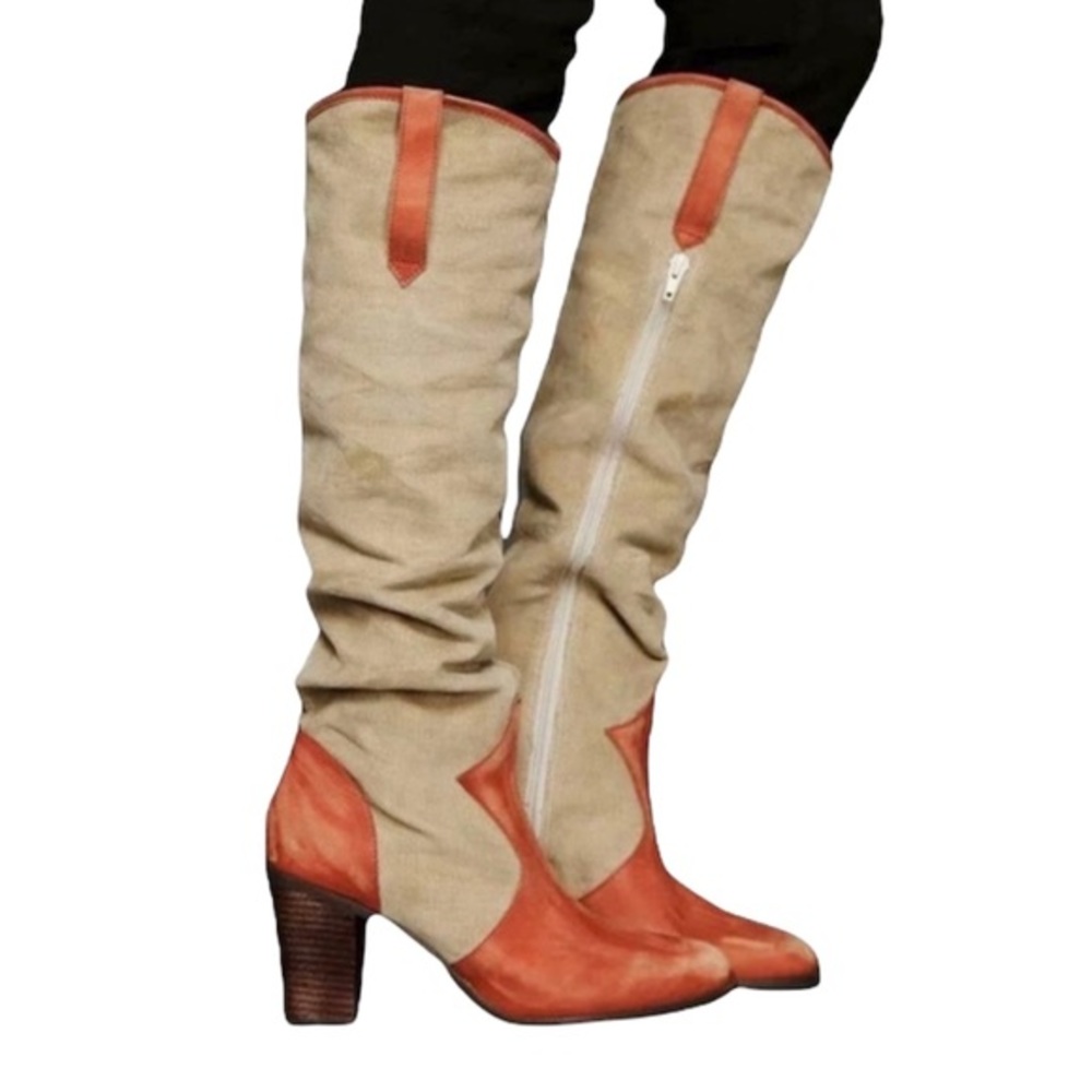 Free People X Faryl Robin‎ Maven Tall Leather Corduroy Block Heel Boots